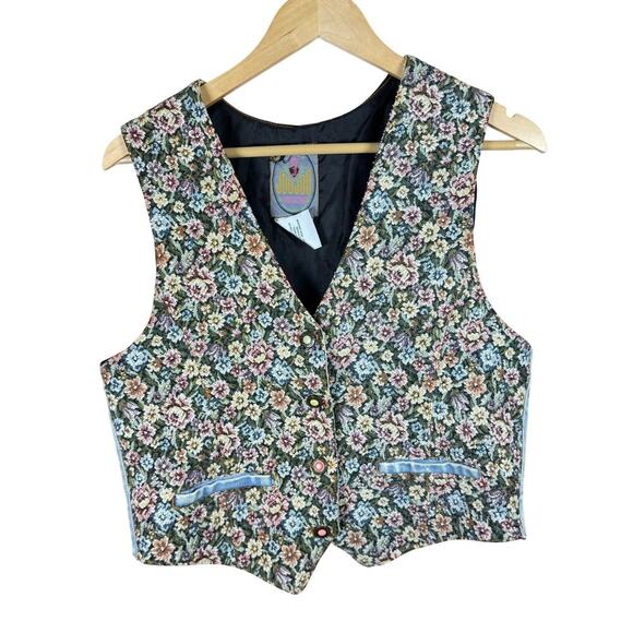 VTG Cottage 90s Womens Vest Needlepoint Floral Denim Tapestry Large joujou - Picture 1 of 7